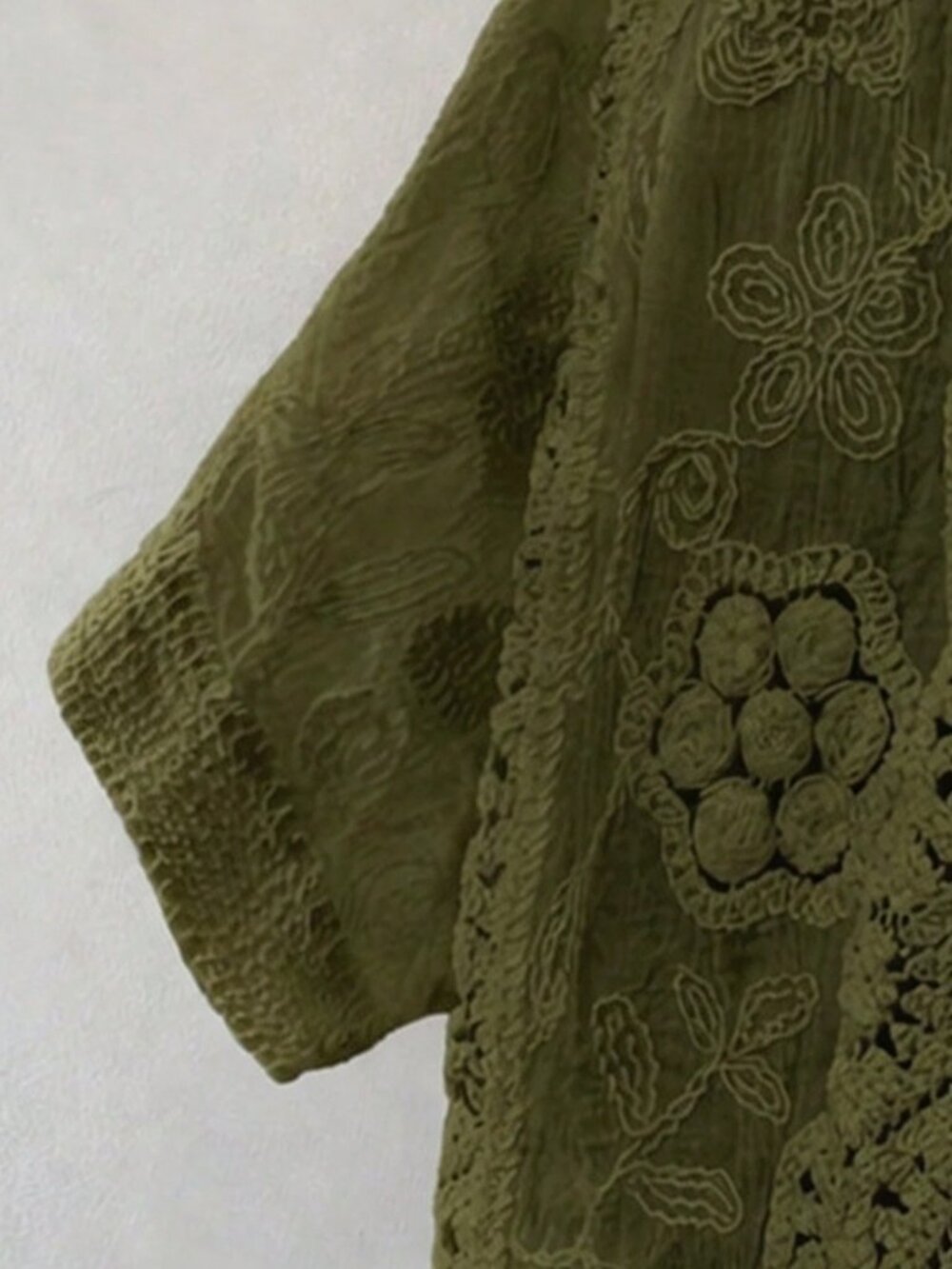 Green Boho Crochet Women's Cardigan with Floral Geometric Lace V-Neck Button-Up - Picture 5 of 7